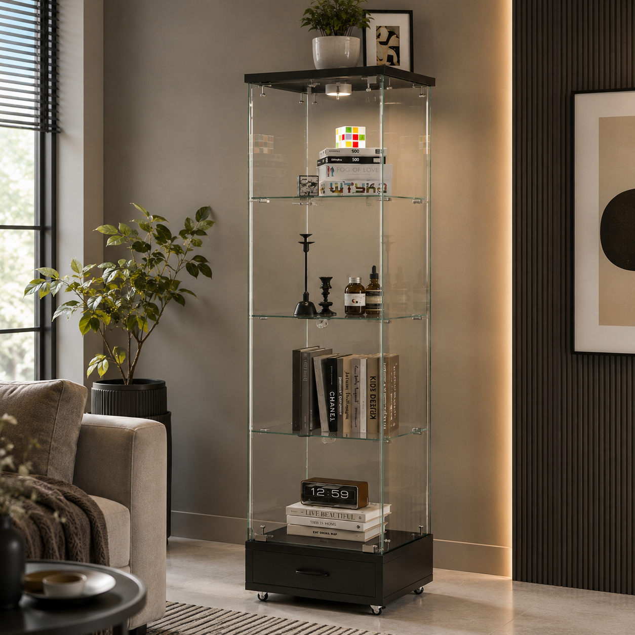 Glass Display Cabinet with Drawer