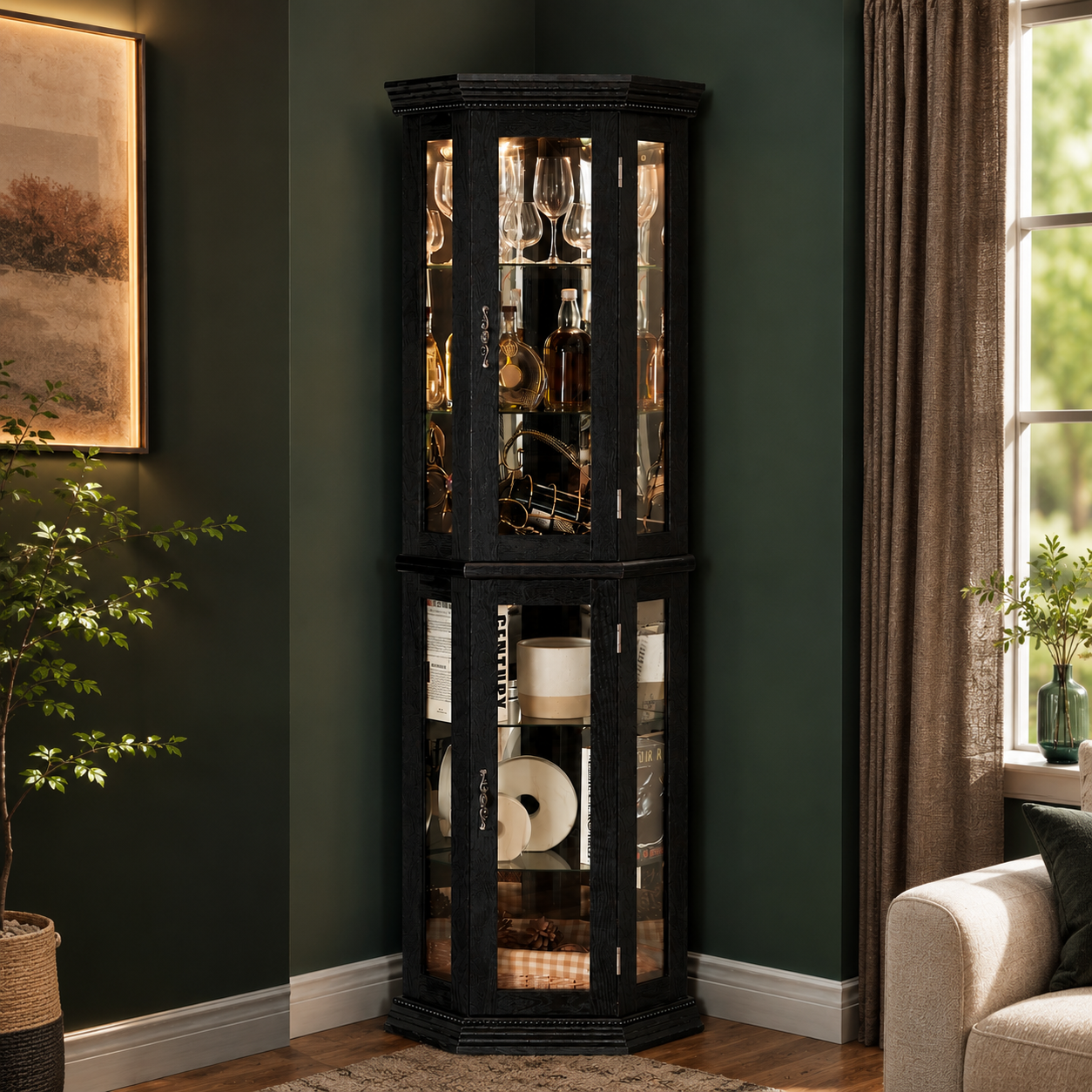 Tall Corner Display Cabinet with Glass Doors